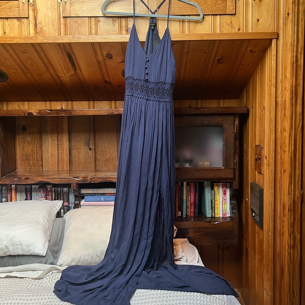 NEW Miss Avenue Long Navy Slit Dress Lace Detail Small